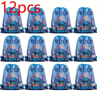 "TEMU 12pcs Stitch & Party Drawstring Gift Bags - Colorful Non-woven Storage Pouches For Kids' Backpacks, School Supplies, And Travel Essentials, Cute Cartoon Design With "stitch" Text, Cute Backpacks" Image
