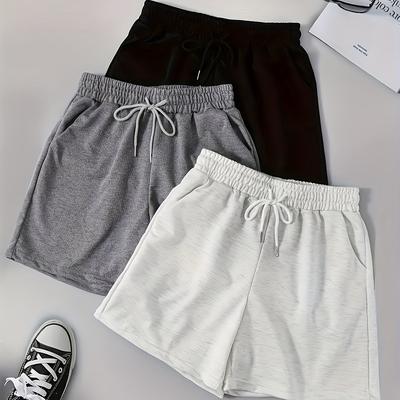 TEMU 3pcs Women's Casual Solid Color Elastic Waist Drawstring Shorts With Side Pockets - Loose Fit Non-stretch Summer Shorts In Black, Pink & Grey, Everyday | Shorts | Nonstretch Fabric Image