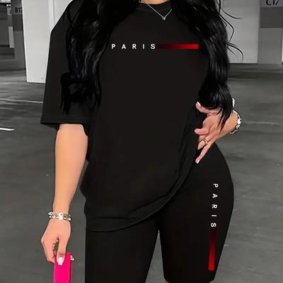 TEMU Paris Monogram Women's 2pcs Set - Short-sleeved T-shirt And Cycling Shorts, Polyester Blend, Machine Washable - Fashion Image