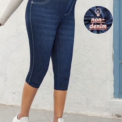 TEMU Women's High-elasticity Denim Capri Leggings With - Stylish, Comfortable, And Machine Washable For Casual , Seasonal Fashion | Image