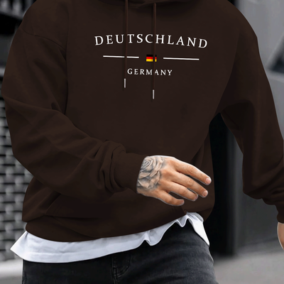 TEMU 1pc Deutschland Germany Flag Print Hoodie, Polyester Knit Fabric With Stretch, Regular Fit Hooded Sweatshirt For Men, Geometric Pattern, Fall/winter Collection Image