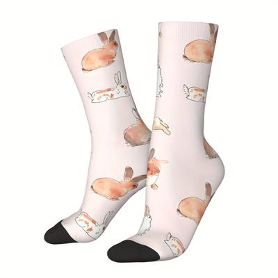 TEMU Rabbit Pattern 1 Pair Men's Mid-calf Crew Socks, Breathable Comfy Casual Sports Socks For Basketball Running Image