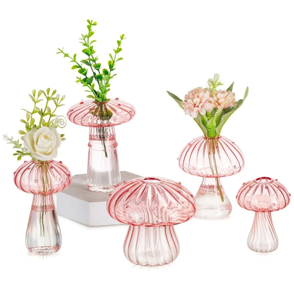 5Pcs Glass Mushroom Flower Vase Cute Colored Glass Vase Unique Bud Small Vase Flowers, Aesthetic Decorative Vases for Home Decor Image