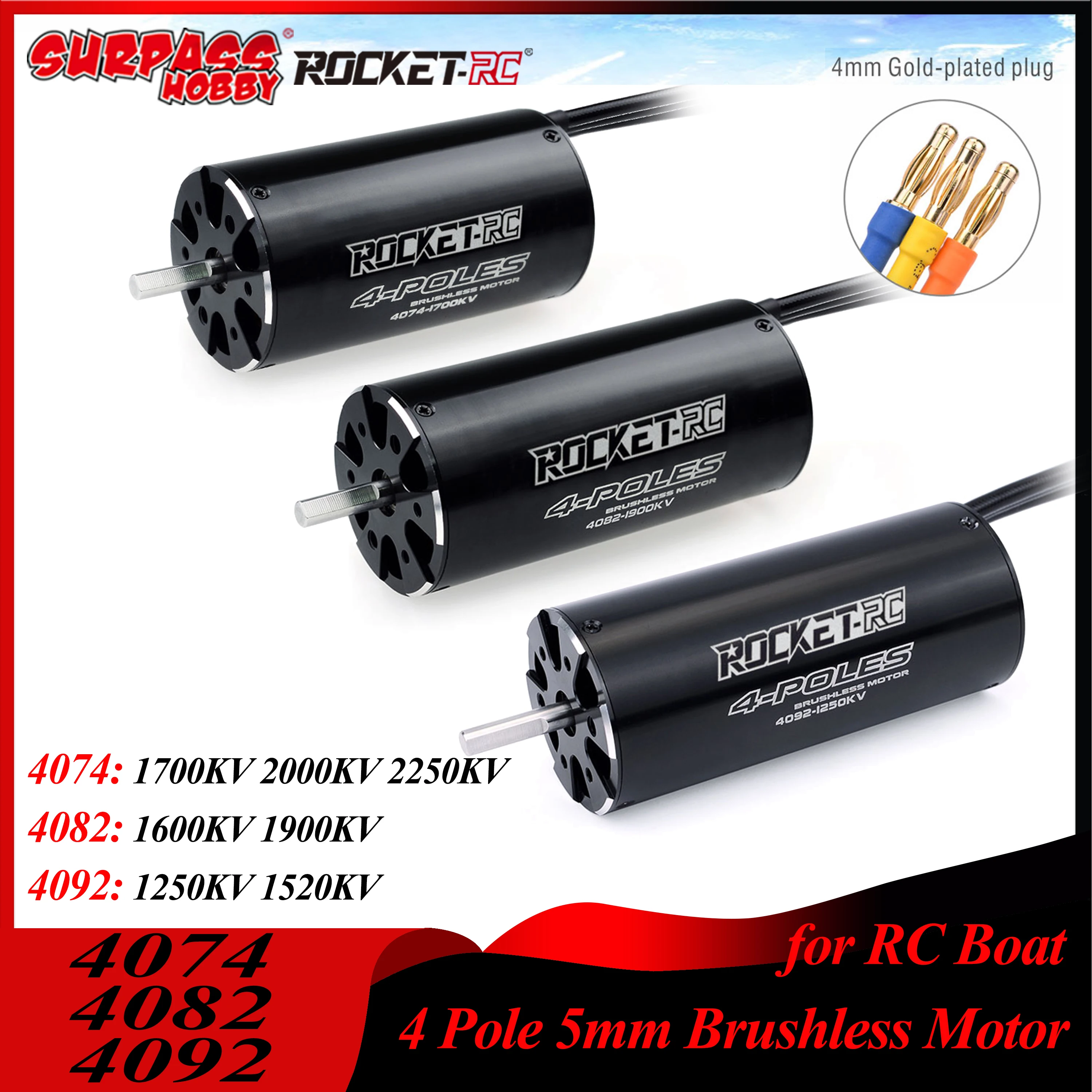 Surpass Hobby Rocket 4074 4082 4092 4P 5,0 mm Schaft bürstenloser Motor für 1000 mm (oder höher) RC-Boot Traxxas M41 Catamaran Spartan