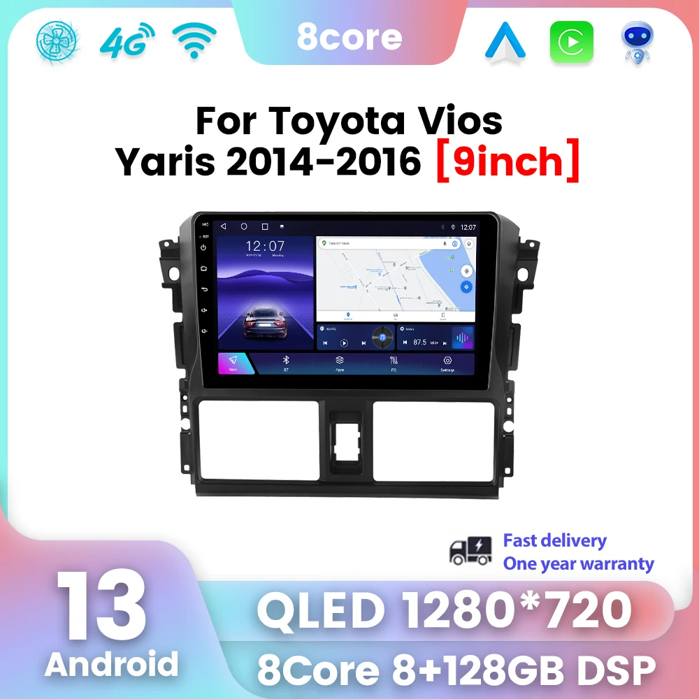 Qled Touchscreen Autoradio Multimedia-Player GPS-Navigation für Toyota Yaris Vios 2014 2015 2016 Carplay Auto Autoradio 2din BT Android 12 Automatisches Intelligentes System QLED Automatischer Image