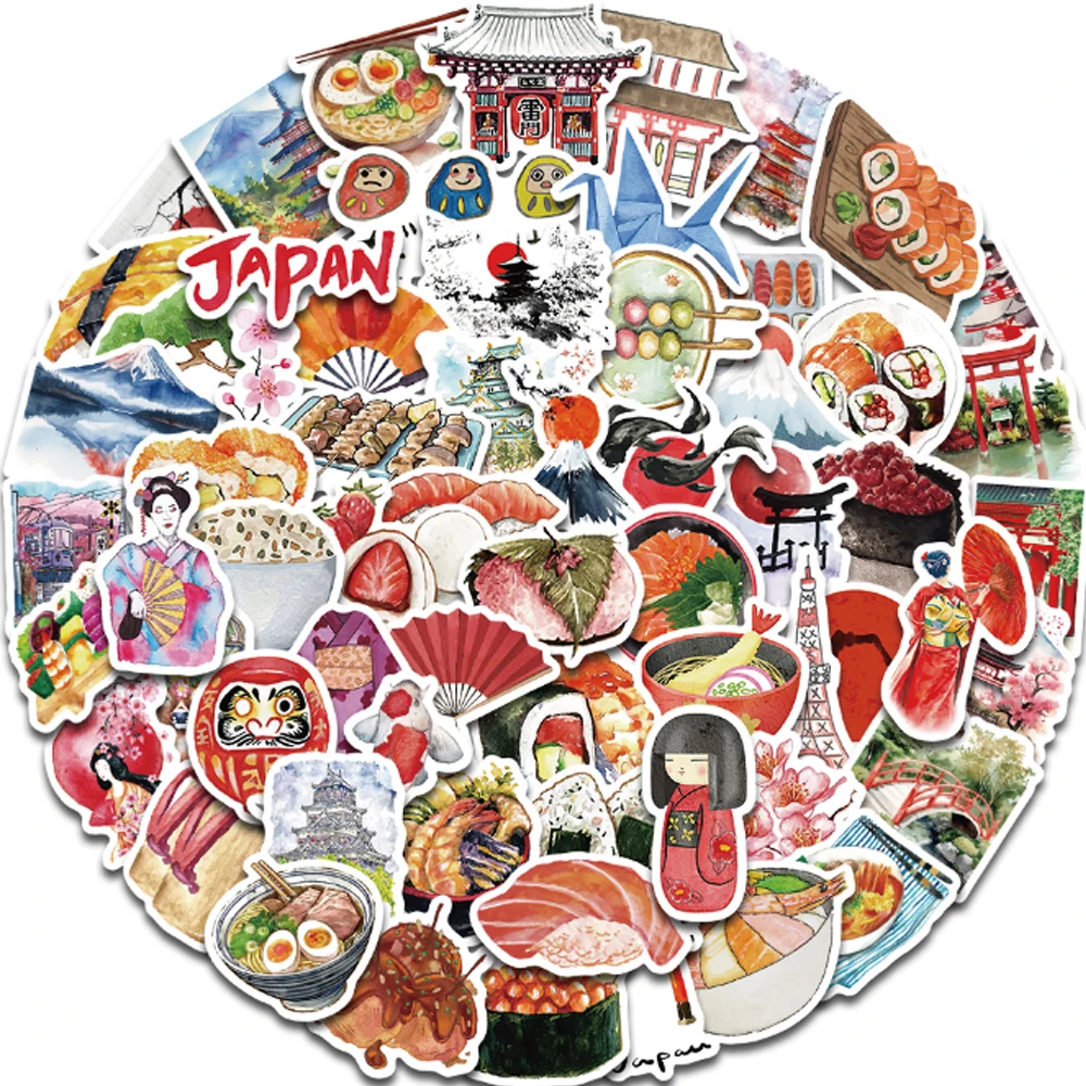 64PCS Cartoon Lustige Aquarell Japanische Reise Graffiti Aufkleber Telefon Fall/Gitarre/Party/Briefpapier/Tagebuch Wasserdicht Dekorativ Image