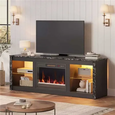 Modern Electric 7 Color LED Fireplace TV Stand for TVs up to 70", Black Marble