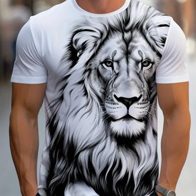TEMU Men's 3d Lion Print T-shirt, Casual Crew Neck Short Sleeve Tee, Cool Graphic Design, Stretch Fabric, Regular Fit, Unique Animal Pattern, Streetwear Fashion Top, Lion Tshirt Image