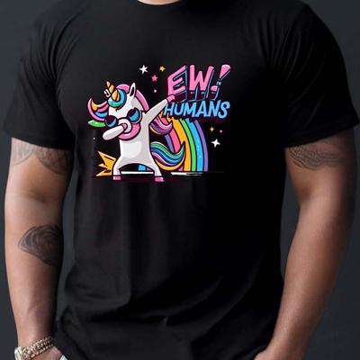 "TEMU Men's Unicorn Dabbing "ew Humans" Graphic T-shirt - Casual Crew Neck Polyester Tee With Stretch, Regular Fit, Knit Fabric, 150gsm - Summer Shoulder Fit Top For Adults" Image