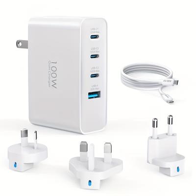 TEMU 100w Usb- Charger, Foldable 4-port Travel Adapter Plug Converter With Uk/eu/au Plugs, Fast Charging For Ipad Pro, Iphone 15/14 Pro Max Image