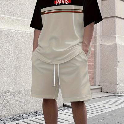 TEMU Men's Sports T-shirt And Shorts Set - Polyester, Crew Neck, Stretch, Solid Color, Summer, , Regular Fit, Adult, Knit Fabric, 150 G/m² Image