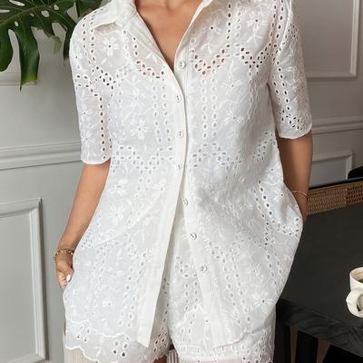 TEMU 2pcs Set Solid Color Embroidered Short Sleeve Lapel Hollow Out Top And Shorts Image