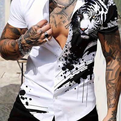 TEMU Men's 3d Tiger Print Button-up Shirt - Stylish Summer Casual, White Dress Shirt With Black & White , Machine Washable Polyester Fabric, Loose Fit For Adult Men Image