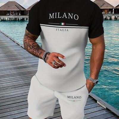 TEMU Italy 3d Printed Casual Men's T-shirt And Shorts Set, Summer, Polyester, Crew Neck, Regular Fit, Knit Fabric, Stretch, Weekend Casual, 100g/m² Image