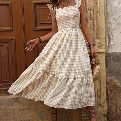 TEMU Emu Forest Women's Elegant Square Neck A-line Dress With Sleeves & Hem - Lightweight 100% Polyester, Double-color Checkered Print, Machine Washable, Versatile Casual To Formal Wear Image