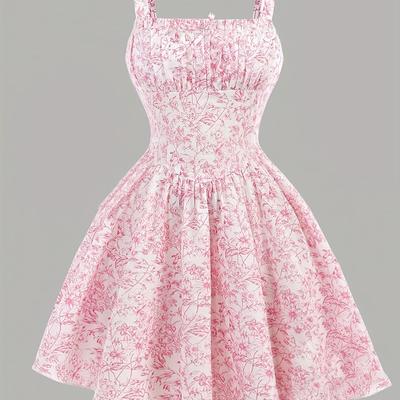 TEMU Chic Floral Mini Dress For - Elegant Pink Floral Print, Lightweight Fabric, Beach, Holiday, Wedding & Summer Events, Beach Dres Image