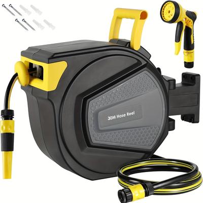 TEMU Garden Hose Reel 30+2m, Wall Hose Box, Hose Reel For Wall Mounting, 180° Swivel, Automatic , Hose Reel Including 8-function Hand Shower For Watering, Car Washing Image