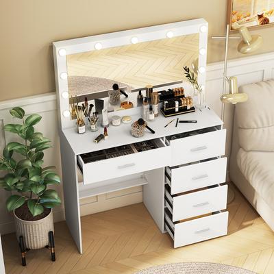 TEMU [holiday Gift] Modern White Solid Wood Vanity With Drawers, Lighted Mirror And 3 Lighting , Large Capacity Multifunctional Stylish Vanity For Women, For Birthday Gift, , Local Warehouse Image