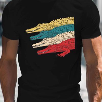 TEMU 4 Crocodiles Print, Men's Round Crew Neck Short Sleeve Tee, Casual T-shirt Casual Comfy Lightweight Top For Summer, Style, Conventional Version, Summer Image