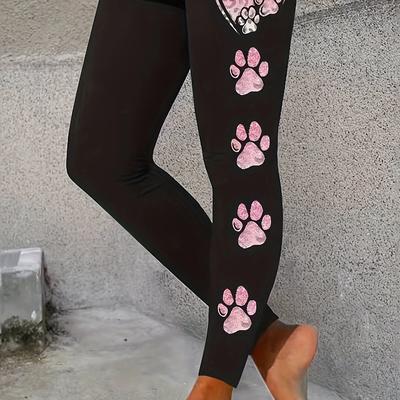 TEMU Paw Print High Waist Skinny Leggings, Casual Tummy Control Stretchy Leggings, Women's Clothing Image