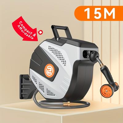 TEMU Garden Hose Reel Wall Mounted - 26m X 1.2mm Retractable Hose Pipe, & 10 Function Sprayer Nozzle - Any Length Lock, Auto System, Swivel Bracket - Grey Image