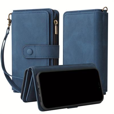 TEMU Blue Multi-functional Creative Button Zipper Phone Case Wallet Card Holder With Leather Slot For Galaxy S25 Ultra/s24 Plus/s23 Fe/s22 5g/s21/s20/s10/s9/s8/note 20 Ultra/a06/a16 Image