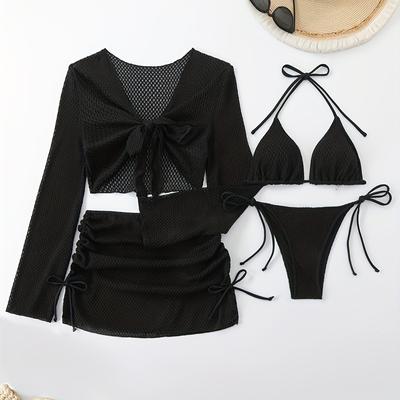 TEMU Special Mesh Women's Bikini Set With Four-piece Top, Versatile Drawstring Skirt For Swimming And Vacation Leisure Swimwear Image
