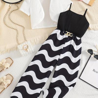 TEMU Girls' Fashion Casual Black And White Striped Jumpsuit + Half Sleeve Jacket 2pcs Set Summer Gift, Outdoor Image