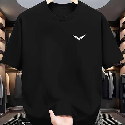 TEMU Men' With White Logo - Casual Crew Neck, Short Sleeve, Stretch Fabric, Summer And Casual Attire, Outdoor Clothing | Sleek Black Tee | Image