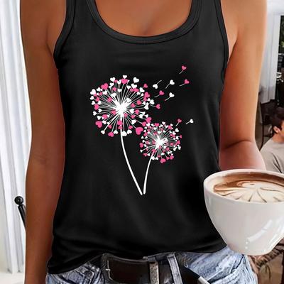 TEMU Women's Sleeveless Tank Top With Pink Dandelion Botanical Print - Casual Round Neck Summer & Spring Top, Medium Washable, Ladies Tank Tops, Casual Attire, Nontransparent Fabric Image