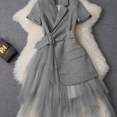 TEMU Fashionable And Elegant Mid-length Dress With A Unique Neckline And Mesh Splicing, Office Wear, Showcasing A For Women In 2025. Image