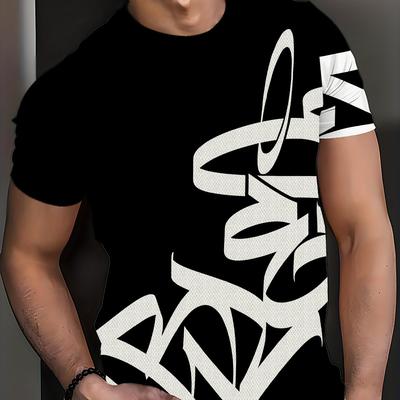 TEMU 3d Printed Men's Novelty Short-sleeved Crew-neck T-shirt, White And Black Striped , Casual Outdoor Image