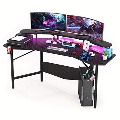 TEMU Gaming Desk, Pc Gaming Table, Ergonomic Computer Desk, Durable Work Table, Gaming Table, Gaming Pc With Cup Holder And Headphone Hook, 2 Stand, 180 X 60 X 75cm, Black Image