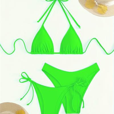 TEMU New Summer Fluorescent Green Sexy Fashionable Women's Bikini Set, 3pcs With Shorts & Top & Shorts. Image