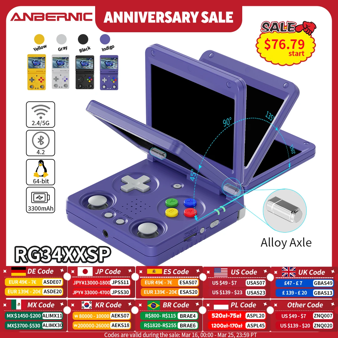 Anbernic RG34XXSP Flip Handheld-Spielekonsole, 3,4-Zoll-IPS-Bildschirm, Linux, 64-Bit, 3300 mAh, WLAN, zusammenklappbarer Retro-Video-Gaming-Player Image