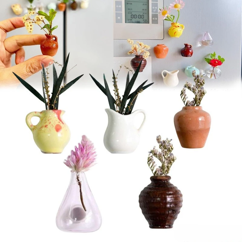 Kleiner Kühlschrankmagnet, Dekoration, Mini-Keramikvase, Mikrolandschaft, Ornament, Kühlschrank, niedliche Magnete, Platz für Blumenarrangements Image
