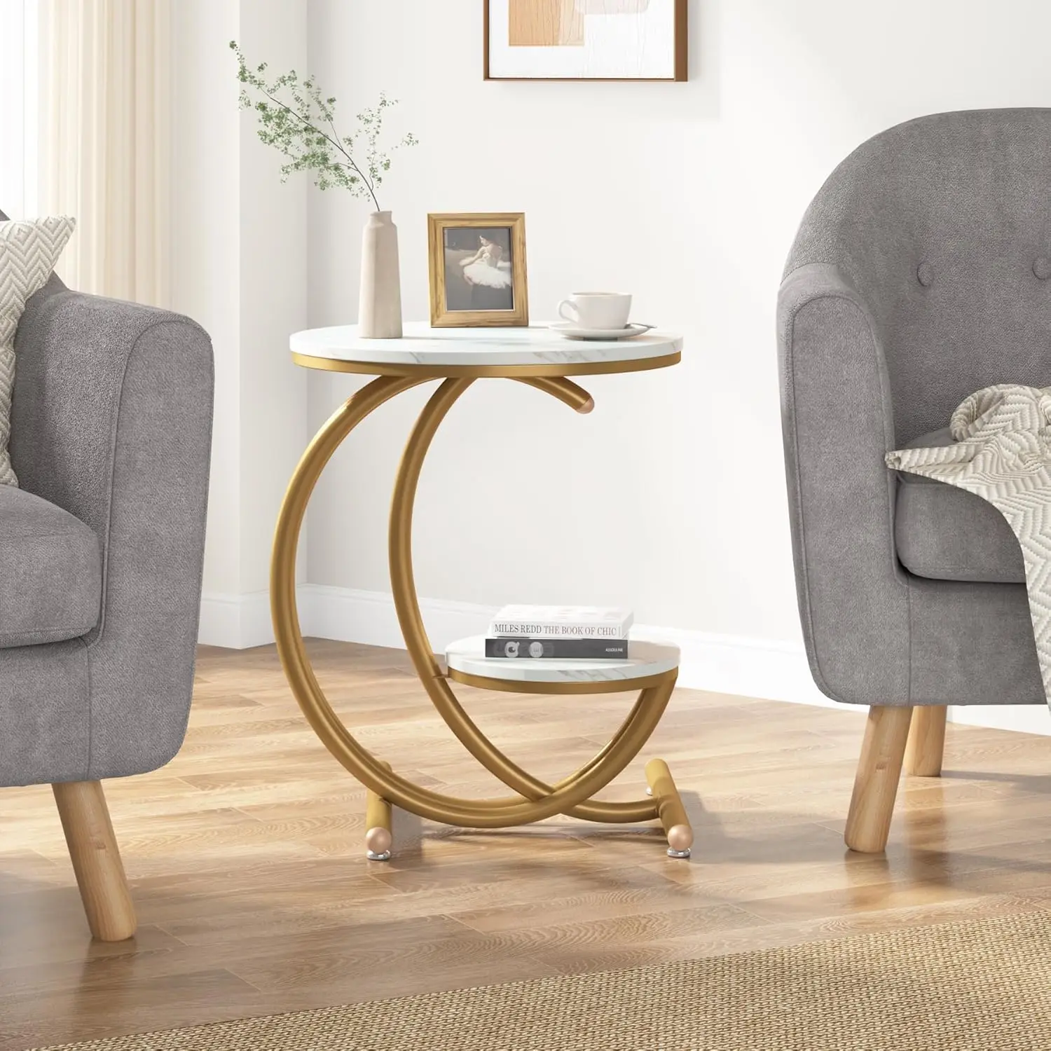 Beistelltisch, Beistelltisch aus Kunstmarmor mit 2-stufigem Ablagefach, moderner quadratischer Akzenttisch für Wohnzimmer, Schlafzimmer Image