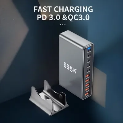 Neues 695 W GaN 3.0 USB-C PD-Ladegerät 10-Port 5C5A Schnellladung für Mobiltelefone und Tablets, kompakt und tragbar