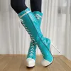 LAIGZEM Frauen Kniehohe Stiefel Plattform Stiletto High Heels Hohe Stiefel Glänzende Handgemachte Damen Schuhe Frau Plus Größe 41 44 46 50 52