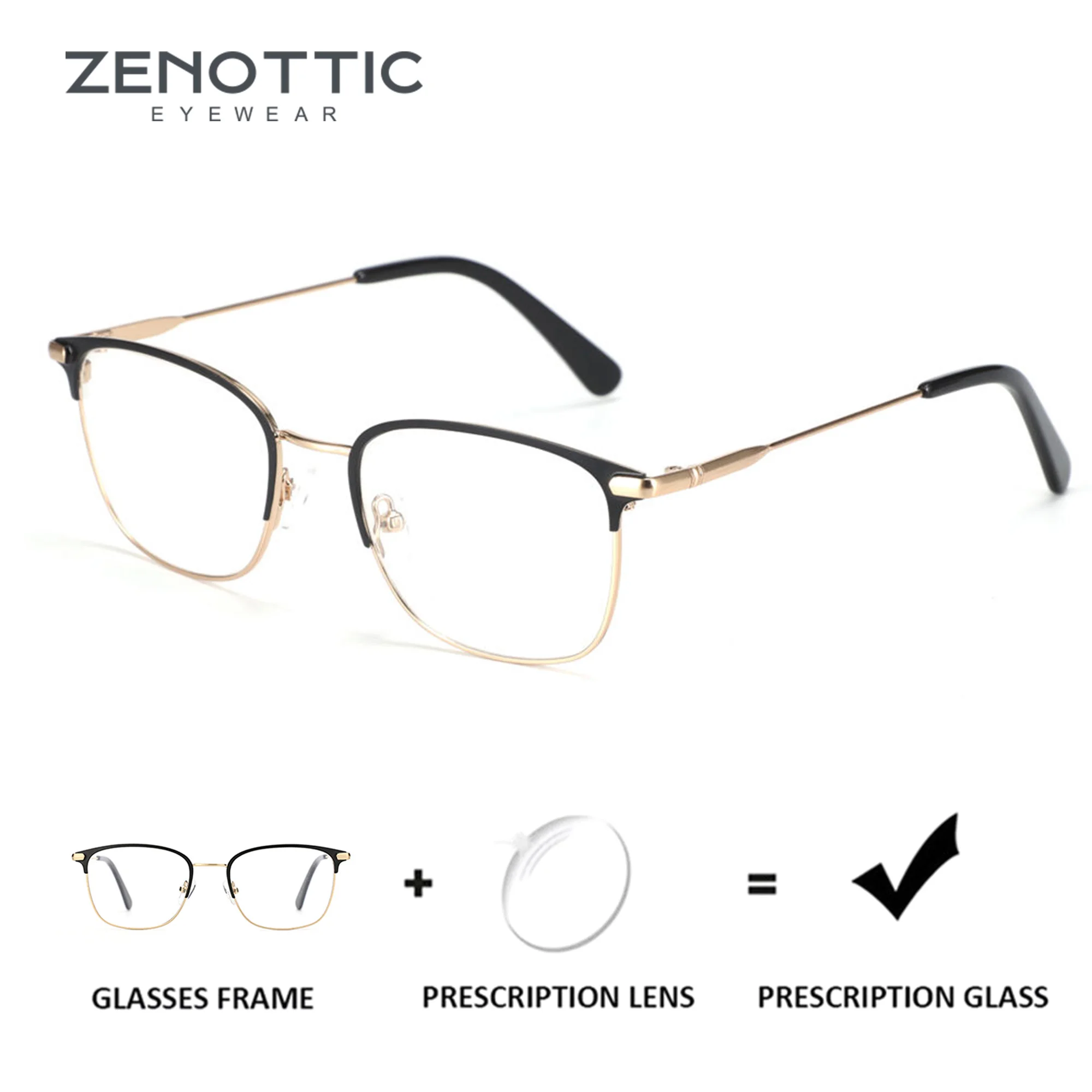 ZENOTTIC Quadratische Brillen mit Sehstärke, Metall, progressive optische Brillen, Anti-Blaulicht-Myopie-Hyperopie-Brille für Männer und Frauen Image