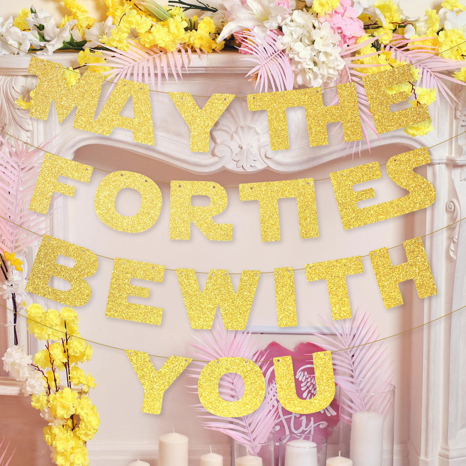 Banner „May The Forties Be With You“ – Happy 40th Birthday Party, Goldglitzer-Banner – Partyzubehör zum 40. Geburtstag – 40 Image