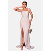 Jerseykleid MODA MINX "Freya Long Slit Dress", Damen, Gr. S, EURO-Größen, rot (apricot), 100% Polyester, elegant, lang, ohne Ausschnitt, ohne Ärmel, Kleider, mit stilvollem Beinschlitz