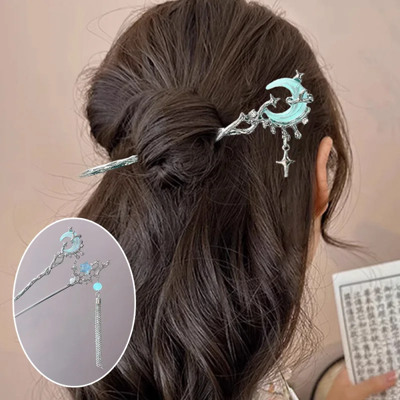 Neo Chinesischen Stil Haarnadel Für Frauen Kreative Mond Sternförmige Quaste Haar Stick Klare Cryolith Haarnadel Elegante Haar Zubehör Image