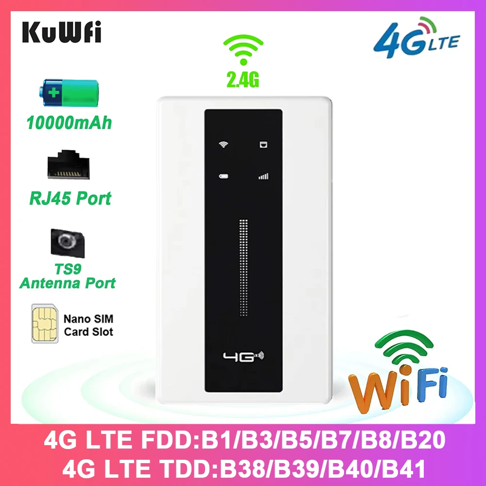 KuWFi 10000 mAh 4G Mobile Router 150 Mbit/s 2,4 G Wireless Wi-Fi Router CAT4 4G LTE Reise Tragbares Hotspot-Modem WPS Ethernet-Port Image