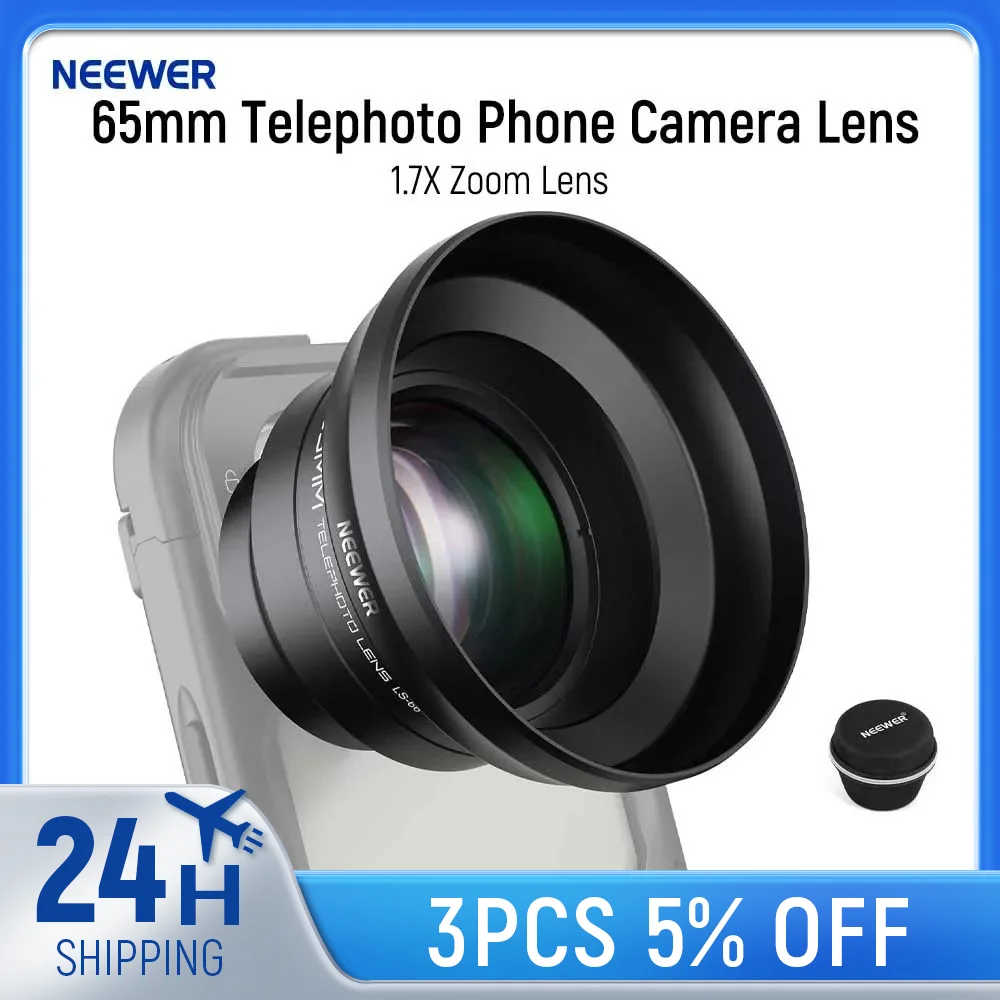 NEEWER HD 65 mm Teleobjektiv mit Gegenlichtblende für Telefonkäfighülle, 1,7-faches Zoomobjektiv für iPhone 16 15 S25 S24 Ultra Image