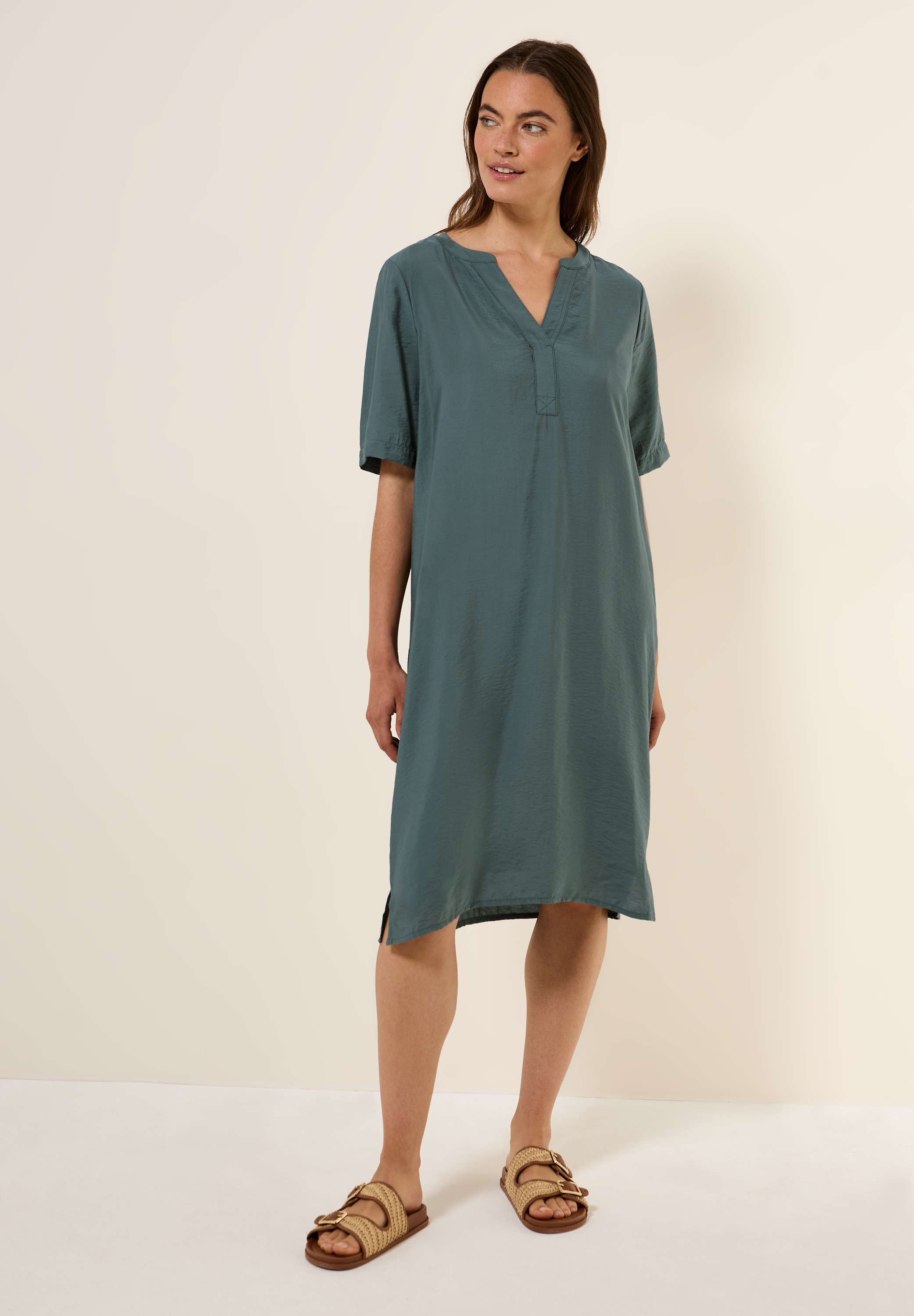 Shirtkleid CECIL, Damen, Gr. L (42), US-Größen, grün (schwarz balmy khaki), Stoff, 88% Viskose, 12% Nylon, unifarben, comfort fit kniebedeckend, Rundhals, abgesteppt, Kleider Shirtkleid, in Unifarbe