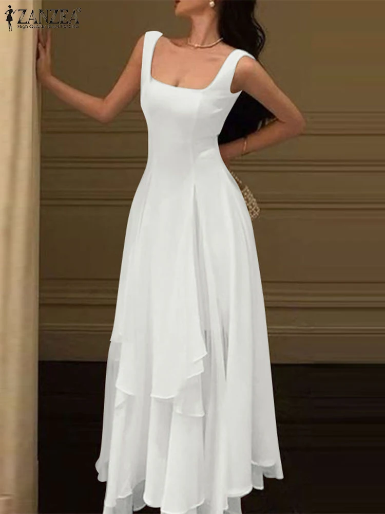 2023 ZANZEA Elegante Party Kleid Frauen Sommer Ärmelloses Quadrat Kragen Sexy Rüschen Maxi Sommerkleid Casual Solide Lange Vestidos Robe
