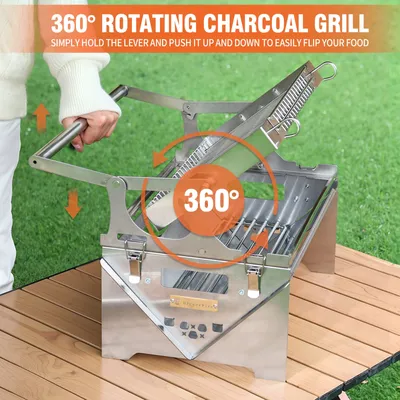 New Upgrad Stainless Steel Grill Portable 360°Rotating Charcoal Grill with Flipping Basket