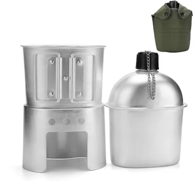 4PCS/Set Military Canteen Cookware Set Aluminum Alloy Canteen Multi-Functional Water Bottle with Grab Handled Cup Green Canvas