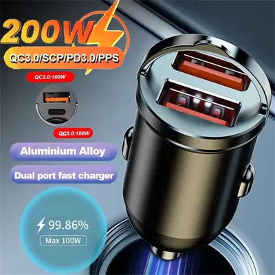 100W/200W QC3.0 PD Mini Car Charger 12-24V Pull Ring USB Type C Fast Charging Car Phone Power Adapter For iPhone Xiaomi Samsung